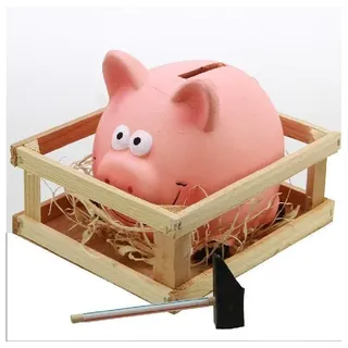 Spardose Spardose mit Schloß, Schwein mit Hammer in Holzbox, Keramik, Format...