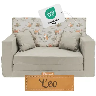 Flumi Kindercouch Kinder Sessel Sofa Schlafsofa jugendzimmer mit Gravur KINDERNAME Spielsofa für Kinderzimmer Schlafsessel Bettfunktion Kindermöbel 92x40x60 Mikrofaser (Hellgrau + Füchse)