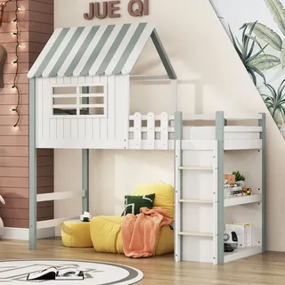 Flieks Etagenbett 90x200 mit Rausfallschutz, Kinderbett Hausbett mit Lattenrost, Hochbett Stockbett mit Leiter, Holzbett Einzelbett Grün - Grün