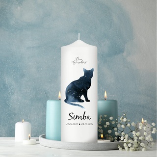 Trauerkerze für Tiere Katze mit Silhouette personalisiert mit Namen und Datum, 1. kl. Kerze 18x7 cm