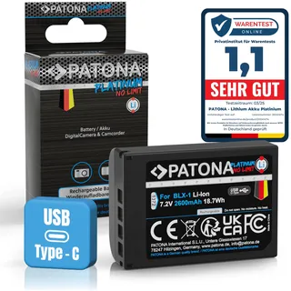 PATONA USB-C Platinum Akku Ersatz für Olympus BLX-1 BLX1 Battery 2600mAh | Ersatzakku für OM-1, OM1, OM-3, OM3 – direkt am Akku Laden, mit Überladungs- und Kurzschlussschutz