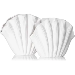 Muschelvase 2er Set aus Keramik in Weiß, Deko Vasen in Muschelform für Tisch, Regal und Wohnzimmer, Küsten Deko für Pampasgras, Trockenblumen und Maritime Wohnaccessoires