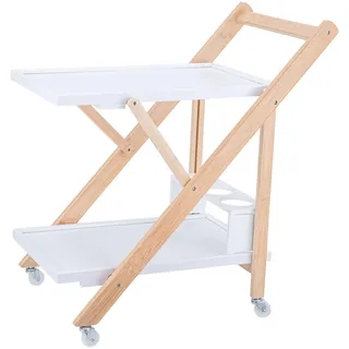 Relaxdays Servierwagen Bambus, Küchenwagen klappbar, Flaschenhalter, Rollwagen 2 Etagen, HBT: 70x44x39,5 cm, weiß-Natur