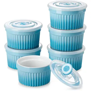 vancasso RAMEKINS 260ml Soufflé Förmchen Set von 6, Ø10,1cm, Blau | Creme Brulee Schälchen Backofen sicher, Porzellan Soufflés mit Deckel, Kleine Keramik-Schalen, Mini Auflaufformen zum Backen