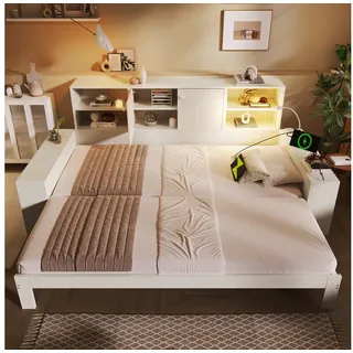 STILVORA Stauraumbett 90x200 mit Matratze USB/C Anschlüssen Schlafsofa Tagesbett ausziehbar (mit Ausziehbett, Holz, ausziehbar auf 180x200cm, weiß, mit Stauraum), Leselicht, platzsparend, stabil, flexibel