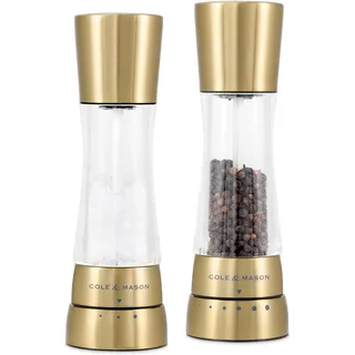 Cole & Mason Derwent Gold Salzmühle und Pfeffermühle, Gewürzmühle, 2er Set Manuell mit einstellbarem Keramik-Mahlwerk, Edelstahl/Acryl, 190mm, Precision+, Geschenkset