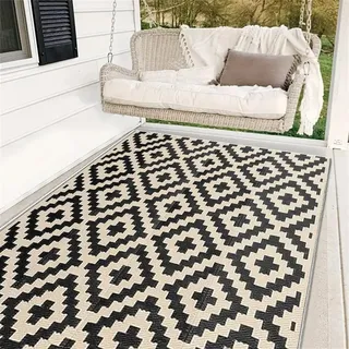 Hiseng Outdoor Teppich Wetterfest, Camping Teppich, Geometry Kunststoff Stroh Outdoorteppich, Wasserfest Balkon Terrasse Matte, Faltbar Rug Carpet für Garten RV Picknick (Schwarz Beige,120x180cm)