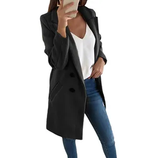 shownicer Damen Blazer Winter Mantel Elegant Warm Wintermantel Steppmantel Knopf Klassische Vintage Zweireihig Revers Schlack Slim Fit Trenchcoat mit Taschen Schwarz M - M