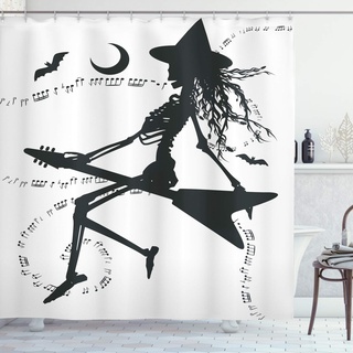 ABAKUHAUS Musik Duschvorhang, Hexe auf Gitarre, Stoffliches Gewebe Badezimmerdekorationsset mit Haken, 175 x 200 cm, Weiß Schwarz