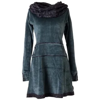 Vishes Midikleid Samtkleid warm mit großem Kapuzenkragen Ethno, Hippie, Goa, Elfen Style grau|grün Midi | 40