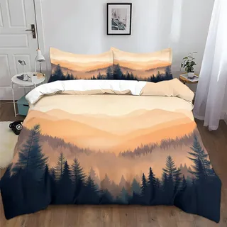 Generisch Bettwäsche-Sets 135x200cm Nebliger Wald Berge Bettwäsche 3 Teilig, Weich Atmungsaktiv Polyester-Baumwolle Bettbezug Set mit Reißverschluss, 2 Kissenbezüge 80x80 cm