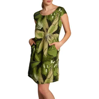 Caspar Sommerkleid SKL035 knielanges elegantes Damen Leinenkleid mit Blüten Print Luftig leicht, figurumspielende Form, mit seitlichem Jersey-Einsatz grün XL - DE42 UK14 IT46 ES44 US12