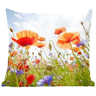 MuchoWow Dekokissen Blumen - Mohn - Frühling - Natur - Rot - Blau, Zierkissen mit Füllung für Wohnzimmer, Sofakissen, 40x40 cm bunt Quadratisch | 40 cm x 15 cm x 40 cm
