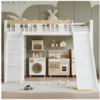 Merax Hochbett mit vierseitigem Muster-Zaun (Etagenbett Jugendbett Einzelbett Kieferholzbett, 1-St) Kinderbett 90x200cm mit Kleiderschrank Rutsche Ablageschrank Leiter weiß