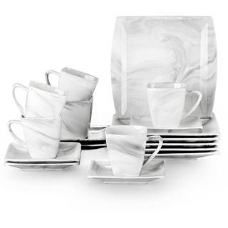 MALACASA, Serie Blance, 18 TLG. Set Marmor Porzellan Kaffeeservice Teeservice Geschirr, mit 6 Stück Kuchenteller, 6 Stück 180ml Tasse und 6 Stück Untertasse für 6 Personen