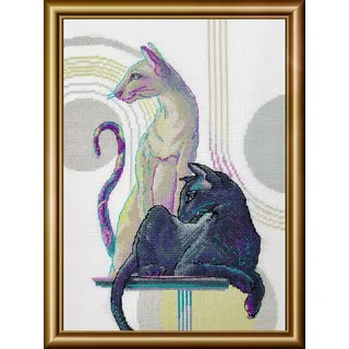 aine A1011 Mystische Katzen Zählmuster-Kreuzstich-Set 21 x 29.8 cm | Katzen Motiv, 14 ct weiß Zweigart Aida, 16 Wolle/Acryl Farben, Mittelstufe, Stickvorlage & Nadel inklusive