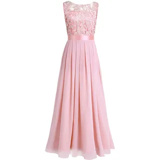 iEFiEL Damen Kleid Festliche Kleider Brautjungfer Hochzeit Cocktailkleid Chiffon Faltenrock Elegant Langes Abendkleid Partykleid Perle Rosa 46 - 46