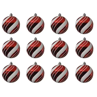 Kaemingk Weihnachtsbaumkugel, Weihnachtskugeln Kunststoff Streifen Muster 8cm rot / weiß, 12er Set rot