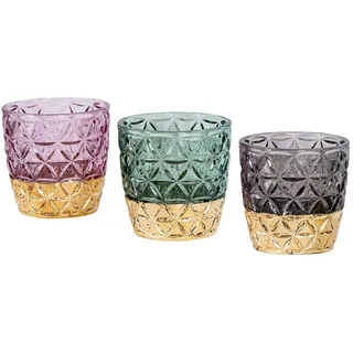 Levandeo® Teelichthalter, 3er Set Teelichthalter Glas Rosa Grün Grau H9cm Kerzenglas Retro