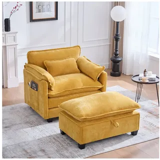 BlingBin Relaxsessel Loungesessel Polsterstuhl Sessel mit Fußstütze (1er Set, 1-St., Relaxsessel mit Hocker, 103x85x91cm), Samt-Loungesessel mit Seitentaschen und Kissen, für Wohnzimmer gelb