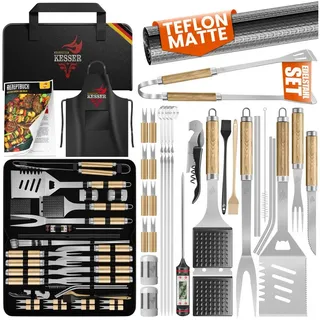 KESSER Grillbesteck-Set, (Grillzubehör Set mit Grillzange, Grillwender, 4in1 Grillspatel, Grillgabel, Grill-Spieß, Thermometer, Korkenzieher, Grillmatte & Tasche, 37 tlg), BBQ Profi Grillset aus rostfreiem Edelstahl beige