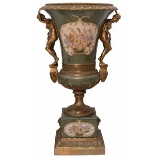 Casa Padrino Luxus Barock Porzellan Vase Grün / Mehrfarbig / Antik Bronze 57,3 x 53,5 x H. 100,5 cm - Prunkvolle Porzellan Blumenvase - Porzellan Deko Accessoires im Barockstil