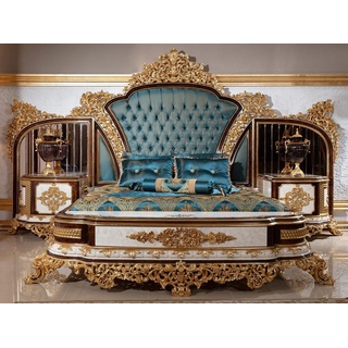 Casa Padrino Luxus Barock Schlafzimmer Set Blau / Weiß / Braun / Gold - 1 Doppelbett mit Kopfteil & 2 Nachtkommoden - Schlafzimmer Möbel im Barockstil - Edel & Prunkvoll