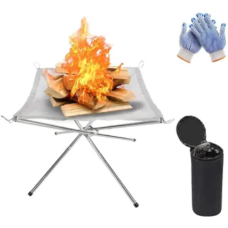 Tragbare Feuerstelle für Camping, 42 cm, faltbare Edelstahl-Mesh-Feuerstelle, Kamin, Grill-Feuerschale mit hitzebeständigen Handschuhen und Tragetasche, Grill-Feuerschale für Picknicks, Lagerfeuer,