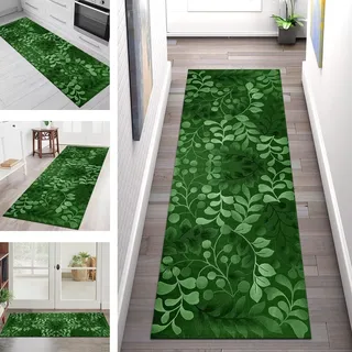 Teppich Läufer Lang Flur Küche rutschfest waschbar Korridor Tepiche Küchenläufer 50X200CM Grün Blumen Teppichläufer Matte Meterware Kücheteppich für Schlafzimmer Wohnzimmer Flurmatten Breit 40-120cm