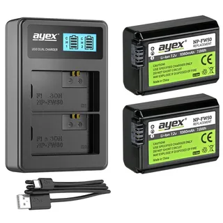 ayex 2x NP-FW50 Akku für Sony + USB Dual-Ladegerät Kamera-Akku