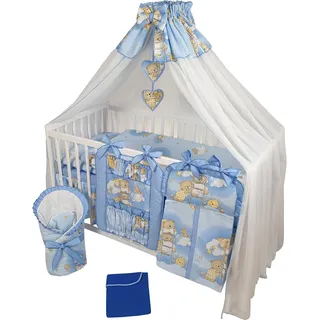 Bello24 - 16 Teiliges Babybett Kinderbett und Bettwäsche komplett Set Happy höhenverstellbar für Neugeborene Babys und Kleinkinder aus Massivholz in fantastischen Farben (Blau Teddybär auf Leiter)