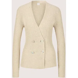 Strickjacke MADELEINE "Strickblazer Edle Strickjacke als Doppelreiher, V-Ausschnitt", Damen, Gr. 36, weiß (perlweiß), Obermaterial: 55% Leinen LI. 45% Baumwolle CO., Modern, Strickjacken Strickjacke, Perlmuttknöpfe