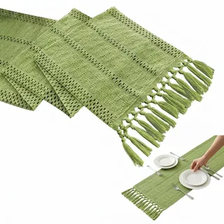 IUSOT Tischläufer Salbeigrün 30 x 140 cm Tischband Baumwolle Leinen Optik Boho Style mit Quasten Modern für Esstisch Dekoration Grün Hochzeit Konfirmation Vintage Rustikal Sommer Eukalyptus