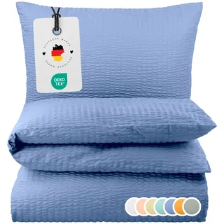 Carpe Sonno Seersucker Bettwäsche 135x200 Baumwolle [Bügelfrei] | Leicht kühlende Bettwäsche Seersucker 135x200 | Uni Sommer Bettbezug 135 x 200 mit Reißverschluss | Sommerbettwäsche einfarbig Blau