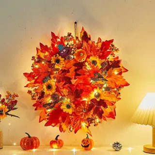Türkranz Herbst mit LED Licht, 45CM Herbstkranz Haustür mit Ahornblatt Kürbis Herbstdeko Türkranz mit Lichterkette Hängende Herbst Deko Kranz Halloween Dekoration für Haustür Wand (A)