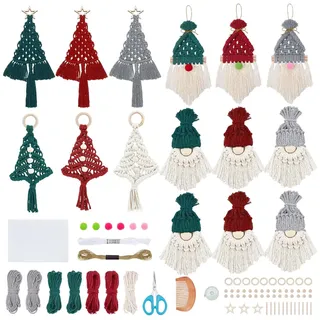 FREEBLOSS 15 Set DIY Weihnachts Makramee Set Mit Wichteln Weihnachtsmann Weihnachtsbaum Und Wichteln als Hängedekoration Für Erwachsene Und Anfänger Mit Anleitung 4 Designs