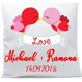 Kissen mit Namen Hochzeit Vögel 40x40 cm inkl. Füllung Kuschelkissen Liebe Jahrestag, Kissen Farbe:Vorderseite weiß glänzend/RS weiß glänzend