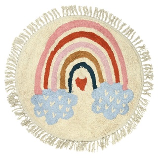 Teppich BOW, Creme - Baumwolle - Ø 90 cm - Regenbogenmotiv - mit Fransen