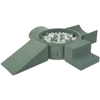 KiddyMoon Spielplatz Velvet Aus Schaumstoff Mit Samt Rund Bällebad (200 Bälle) + Version 5 Ballgruben Für Babys Spielbad, Hergestellt In EU, Waldgrün: Weiß/Grau/Minze