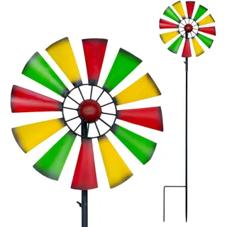 Buntes Metall Windrad mit Erdspieß - 126 cm x 33 cm - Gartenstecker Windspiel für Terrasse und Garten - Deko Blumenstecker Beetstecker Windmühle wetterfest
