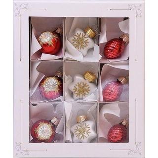 VITBIS Glaskugeln für Weihnachtsbaumschmuck Set mit 9 Kleinen Einzigartigen Kugeln Verschiedene Formen Ø 3,5 cm in Weiß und Rot Handdekoriert Handbemalt Unique Weihnachtsdekoration