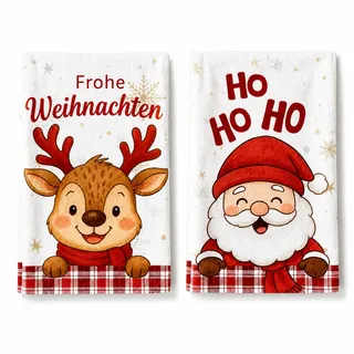 2 Stück Geschirrtuch Weihnachten 40 x 60 cm, Geschirrtücher Weihnachte mit Weihnachtsmann Rentier Motiv, Weiche Küchentücher als Weihnachtsdeko Winterdeko Weihnachten Geschenk für Küche