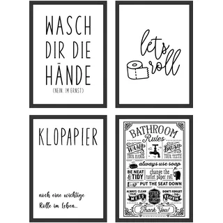 WBdesignz 4er Bilder Set Badezimmer - Lustige Bilder für das Badezimmer - Toilette Poster Witzig Wanddeko Bilderset Lustige Badezimmer Sprüche (DIN A4 ohne Rahmen)