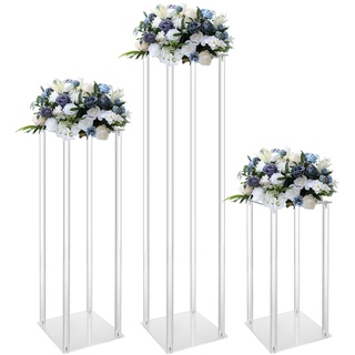 3 Pcs Hohe Klare Blumenständer Rechteckige Blumensäule aus Acryl, Abnehmbar Geometrische Blumenregale Blumenboden Vase, Hochzeit Blumenvasen Säule Tafelaufsätze mit Acrylplatte (40/60/80 cm)