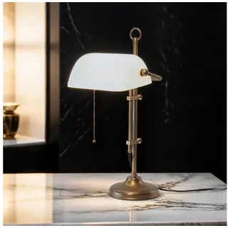 Licht-Erlebnisse Schreibtischlampe W1, ohne Leuchtmittel, Bankerlampe E27 50 cm Zugschalter Weiß Messing Glas Jugendstil bunt