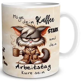 TRIOSK Lustige Katzen Tasse mit Spruch Möge dein Kaffee stark sein - Witziges Katzenmotiv Geschenk für Kaffeeliebhaber, Katzenfreunde & Morgenmuffel - Büro & Arbeit - Keramik 300 ml, Beige