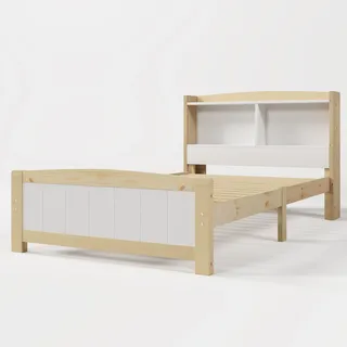 Massivholz Einzelbett Stauraum-Kopfteil Bett,90 x 200 cm Bettgestell