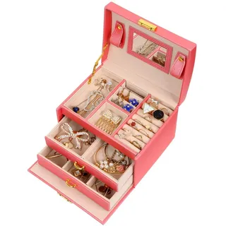 Meerveil Schmuckkasten, Schmuckkästchen mit 3 Ebenen, PU Leder, Abschließbarer Schmuckkästen mit Spiegel, Schmuckkasten mit Schubladen, Geschenk für Mädchen und Damen(Rosa)