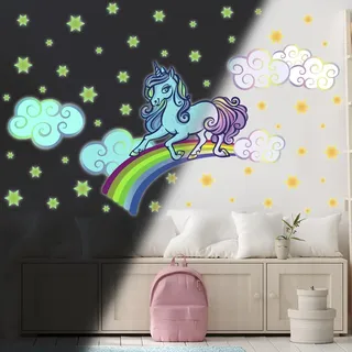 Ambiance Sticker Leuchtender Wandaufkleber für Kinder, fluoreszierend, Einhorn auf Regenbogen – H 60 x L 80 cm