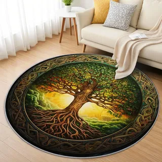 AevuCub Baum des Lebens Teppich Rund 90 cm Kurzflor - Waschbare Teppiche Wohnzimmer Lebensbaum - Runder Teppich 90 Durchmesser Kinderzimmer - Bettvorleger Schlafzimmer rutschfest Weich